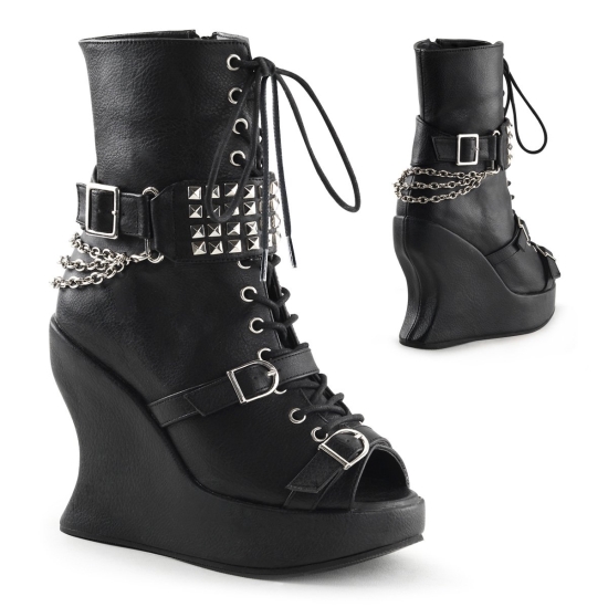 Botas Hasta La Rodilla Demonia Bravo-89 Platform Wedge Encaje Up Cuero Vegan Mujer Negros | OWSPE50