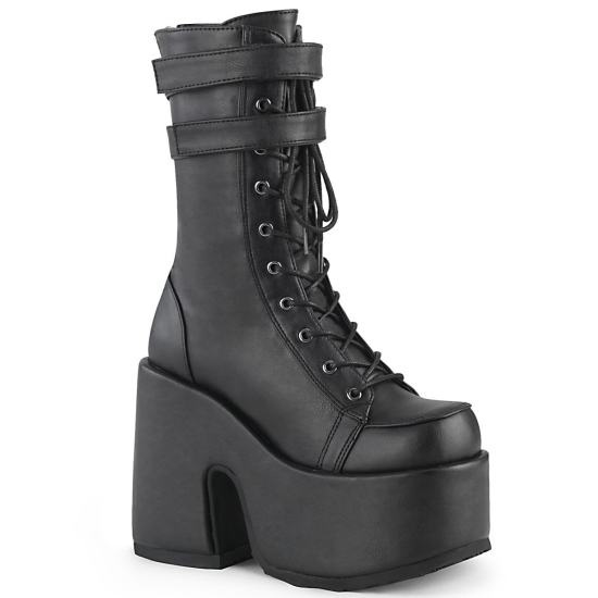 Botas Hasta La Rodilla Demonia Camel-250 Platform Encaje Up Mid-Calf Cuero Vegan Mujer Negros | FBH