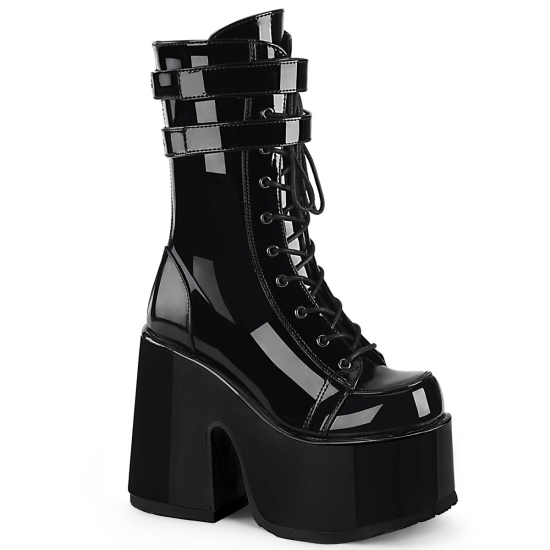Botas Hasta La Rodilla Demonia Camel-250 Platform Encaje Up Mid-Calf Charol Mujer Negros | GJRNB428