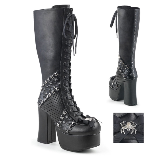 Botas Hasta La Rodilla Demonia Charade-150 Platform Encaje Up Cuero Vegan Mujer Negros | CFVKL2096