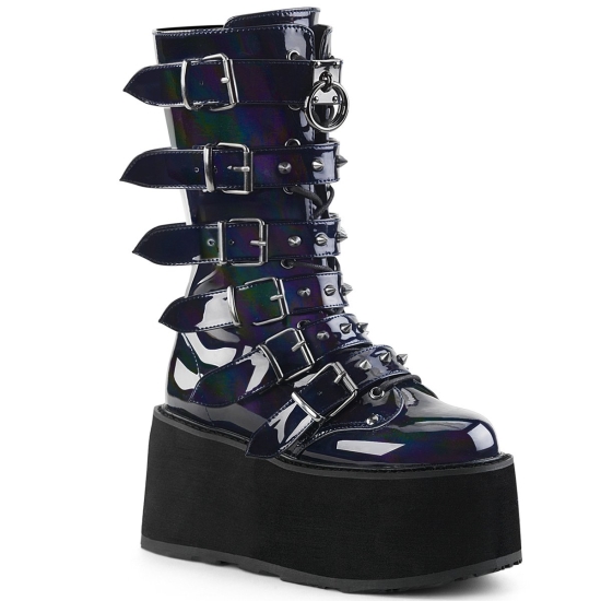 Botas Hasta La Rodilla Demonia Damned-225 Platform Encaje Up Mid-Calf Cuero Vegan Mujer Negros | KS