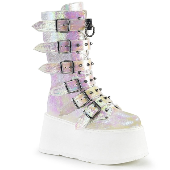 Botas Hasta La Rodilla Demonia Damned-225 Platform Encaje Up Mid-Calf Cuero Vegan Mujer Pearl | PAB