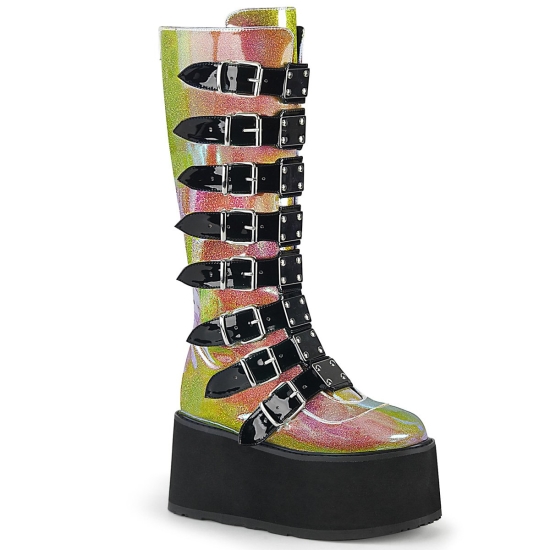 Botas Hasta La Rodilla Demonia Damned-318 Platform Cuero Vegan Glitter Mujer Rosas | JNTIQ7436