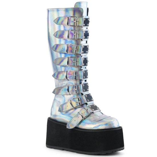 Botas Hasta La Rodilla Demonia Damned-318 Platform Cuero Vegan Mujer Plateados | RTZJF8501
