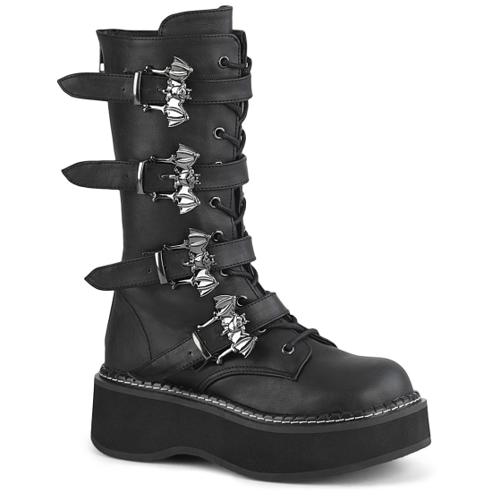 Botas Hasta La Rodilla Demonia Emily-322 Platform Encaje Up Mid-Calf Cuero Vegan Mujer Negros | LEM