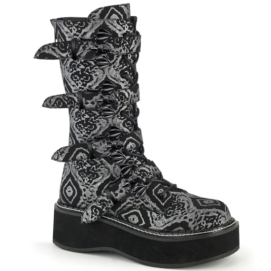Botas Hasta La Rodilla Demonia Emily-322 Platform Encaje Up Mid-Calf Cuero Mujer Negros / Plateados