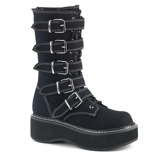 Botas Hasta La Rodilla Demonia Emily-341 Platform Encaje Up Mid-Calf Lona Mujer Negros | RDWNK0754