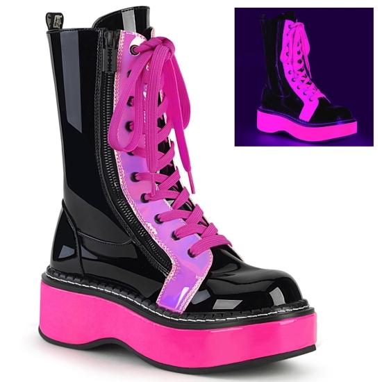 Botas Hasta La Rodilla Demonia Emily-350 Platform Encaje Up Mid-Calf Mujer Negros / Rosas | BKJXT25