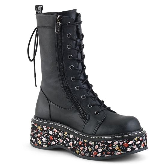 Botas Hasta La Rodilla Demonia Emily-350 Platform Encaje Up Mid-Calf Vegan Mujer Negros | SXEQT5910