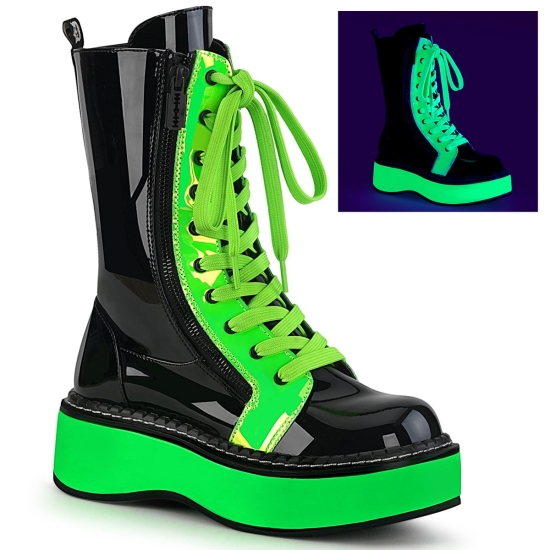 Botas Hasta La Rodilla Demonia Emily-350 Platform Encaje Up Mid-Calf Mujer Negros / Verdes | TKGZJ2