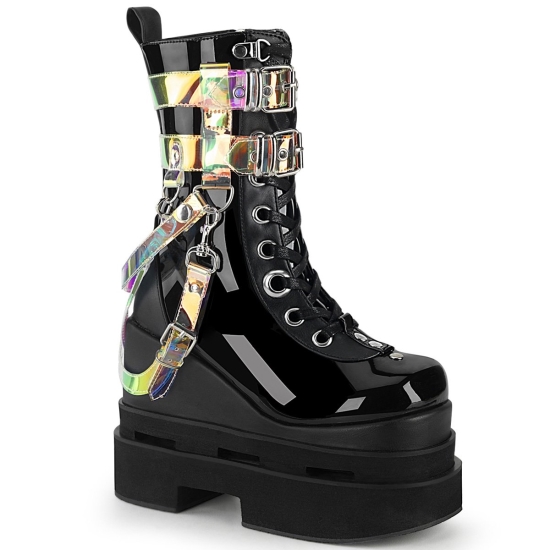 Botas Hasta La Rodilla Demonia Eternal-115 Encaje Up Mid Calf Wedge Cuero Vegan Mujer Negros | GSYP