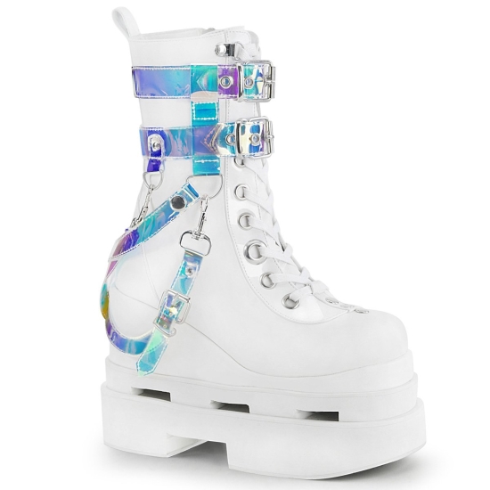 Botas Hasta La Rodilla Demonia Eternal-115 Encaje Up Mid Calf Wedge Vegan Charol Mujer Blancos | JH