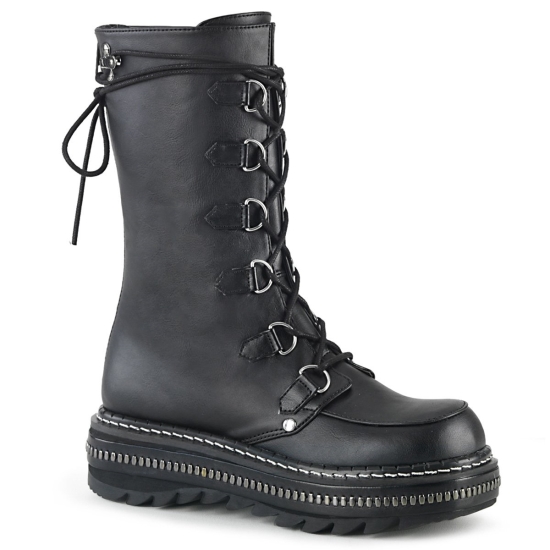 Botas Hasta La Rodilla Demonia Lilith-270 Platform Encaje Up Mid-Calf Cuero Vegan Mujer Negros | HA