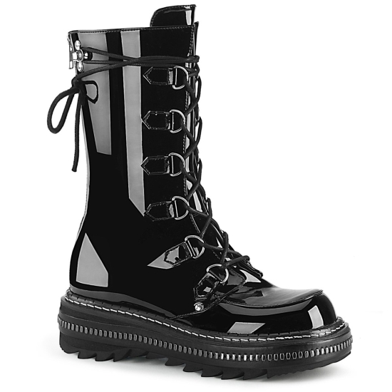 Botas Hasta La Rodilla Demonia Lilith-270 Platform Encaje Up Mid-Calf Charol Mujer Negros | TVLHW75