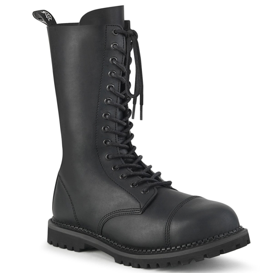 Botas Hasta La Rodilla Demonia Riot-14 Encaje Up Mid Calf Cuero Vegan Hombre Negros | DKGSW7123