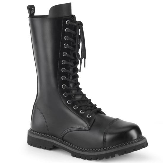 Botas Hasta La Rodilla Demonia Riot-14 Encaje Up Mid Calf Cuero Hombre Negros | HNTPA5390
