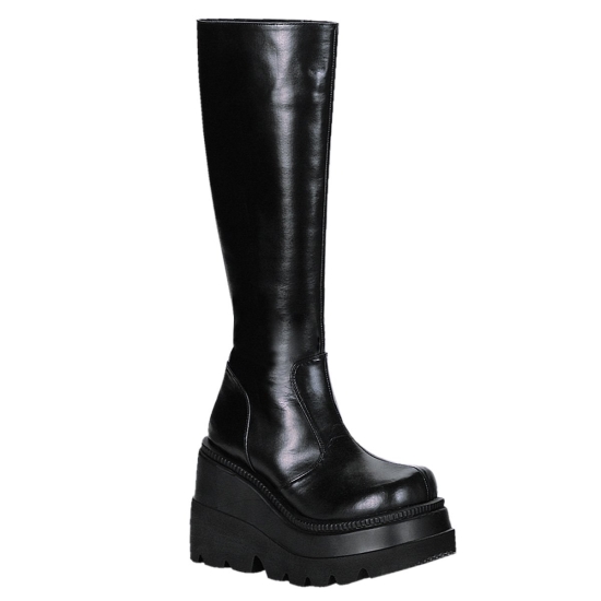 Botas Hasta La Rodilla Demonia Shaker-100 Wedge Platform Cuero Vegan Mujer Negros | KORSM1276