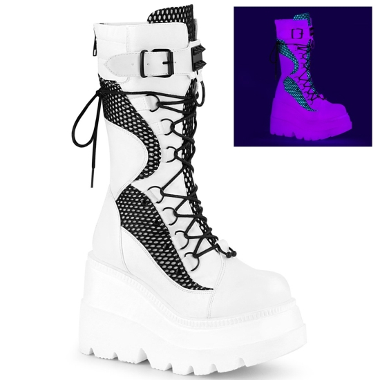 Botas Hasta La Rodilla Demonia Shaker-70 Wedge Platform Encaje Up Mid-Calf Vegan Mujer Blancos / Neg