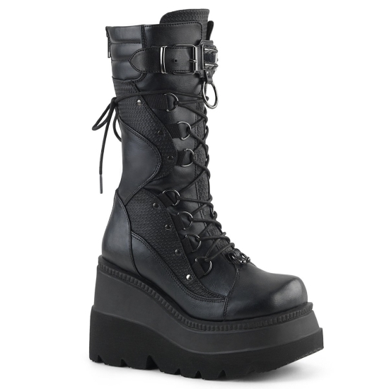 Botas Hasta La Rodilla Demonia Shaker-70 Wedge Platform Encaje Up Mid-Calf Cuero Vegan Mujer Negros