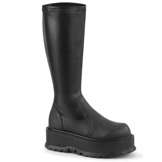 Botas Hasta La Rodilla Demonia Slacker-200 Platform Cuero Vegan Mujer Negros | KQGVC2643