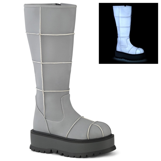 Botas Hasta La Rodilla Demonia Slacker-230 Platform Cuero Vegan Mujer Grises | USMYL9831