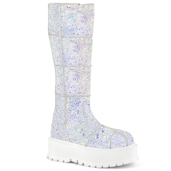 Botas Hasta La Rodilla Demonia Slacker-230 Platform Glitter Mujer Blancos | ZIWQB8325