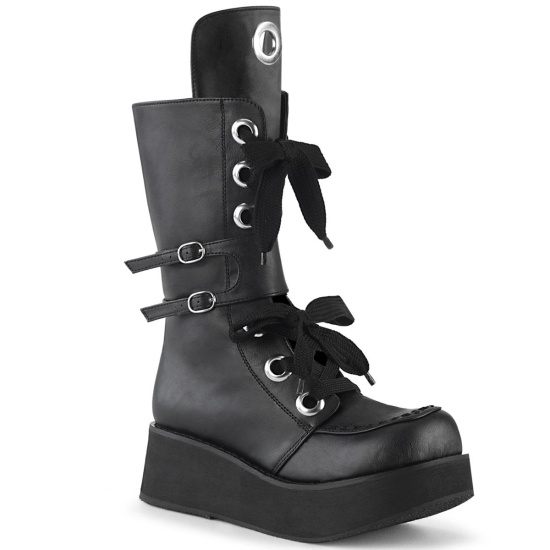 Botas Hasta La Rodilla Demonia Sprite-210 Platform Encaje Up Mid-Calf Cuero Vegan Mujer Negros | BN