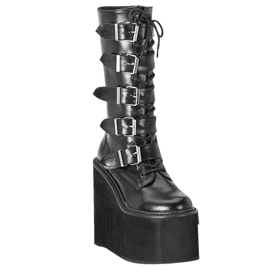Botas Hasta La Rodilla Demonia Swing-220 Wedge Platform Cuero Vegan Mujer Negros | QYRDK2978
