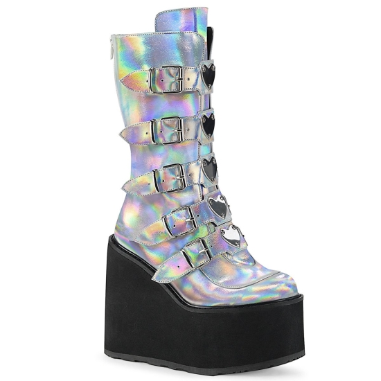 Botas Hasta La Rodilla Demonia Swing-230 Platform Mid-Calf Cuero Vegan Mujer Plateados | BMYHZ3819