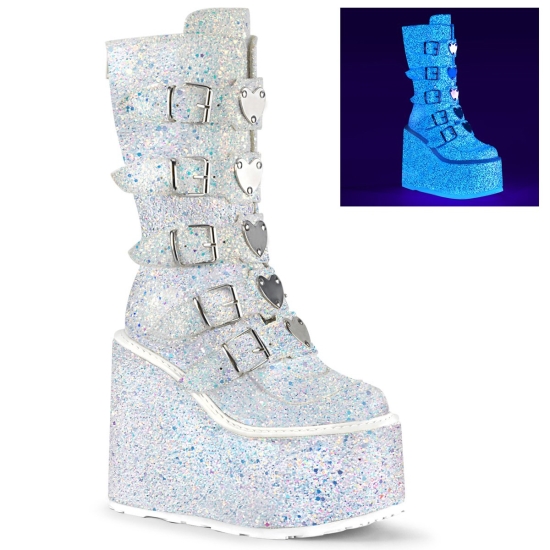 Botas Hasta La Rodilla Demonia Swing-230G Platform Mid-Calf Glitter Mujer Blancos | FILUW1675