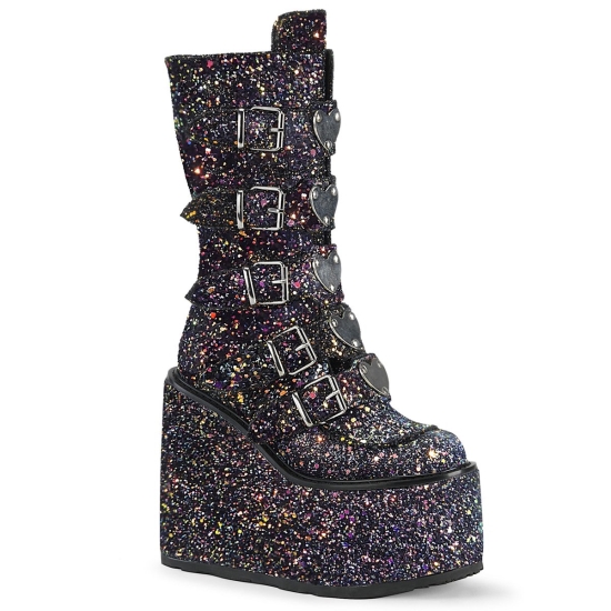 Botas Hasta La Rodilla Demonia Swing-230G Platform Mid-Calf Glitter Mujer Negros | WLING3245