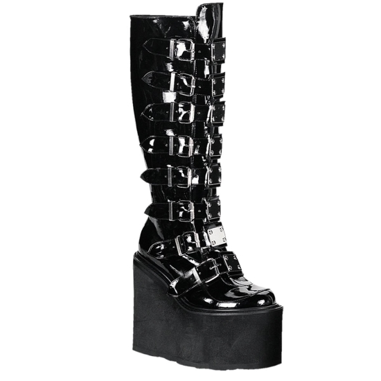 Botas Hasta La Rodilla Demonia Swing-815 Wedge Platform Charol Mujer Negros | UXSFA3584