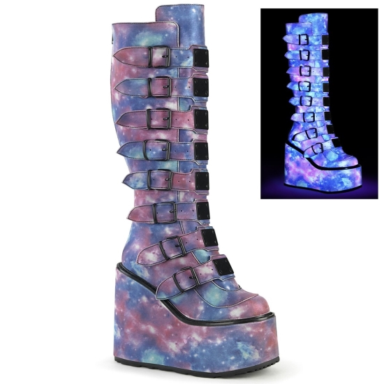 Botas Hasta La Rodilla Demonia Swing-815 Platform Cuero Vegan Mujer Morados / Azules | VMCPR9806