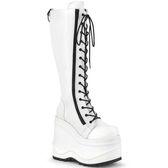 Botas Hasta La Rodilla Demonia Wave-200 Encaje Up Wedge Platform Cuero Vegan Mujer Blancos | VEZYK9