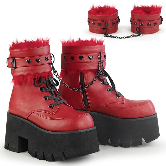 Botines Demonia Ashes-57 Platform Encaje Up Cuero Vegan Mujer Rojos | XJVZW9648