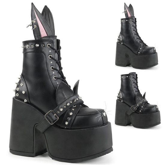 Botines Demonia Camel-202 Platform Encaje Up Cuero Vegan Mujer Negros | AEUHV6928