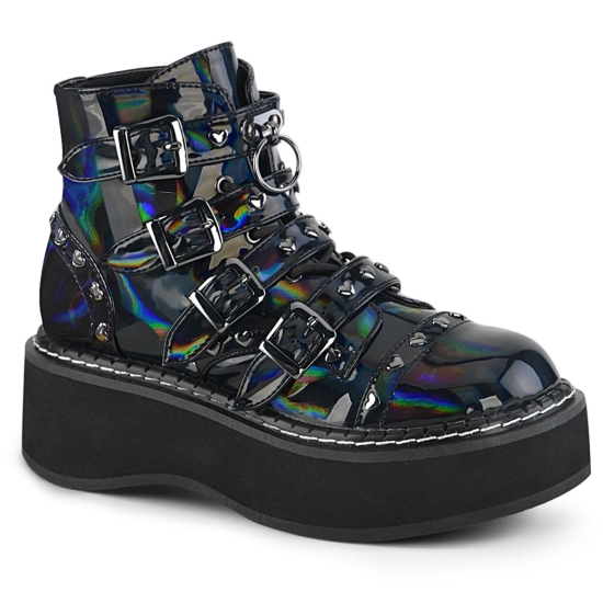 Botines Demonia Emily-315 Platform Encaje Up Cuero Vegan Mujer Negros | GWVON1302