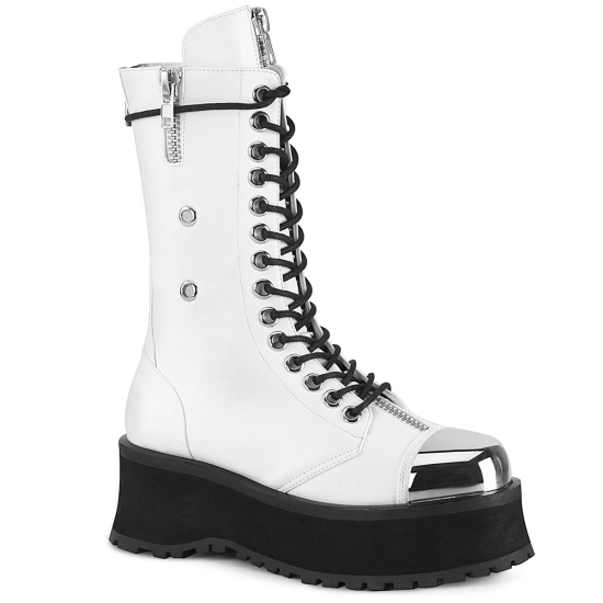 Botines Demonia Gravedigger-14 Platform Encaje Up Mid Calf Cuero Vegan Hombre Blancos | VRSGK3402