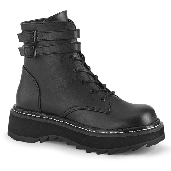 Botines Demonia Lilith-152 Platform Encaje Up Cuero Vegan Mujer Negros | SUMAF2348