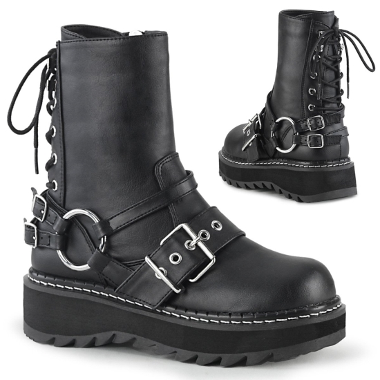 Botines Demonia Lilith-210 Platform Rear Encaje Up Cuero Vegan Mujer Negros | MFRPZ4290