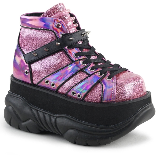 Botines Demonia Neptune-100 Platform Encaje Up Glitter Hombre Rosas / Plateados | NDJHZ1547