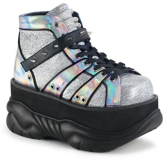 Botines Demonia Neptune-100 Platform Encaje Up Glitter Hombre Plateados | OPEFR6738