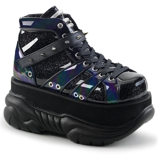 Botines Demonia Neptune-100 Platform Encaje Up Glitter Hombre Negros / Plateados | XMTYW1325