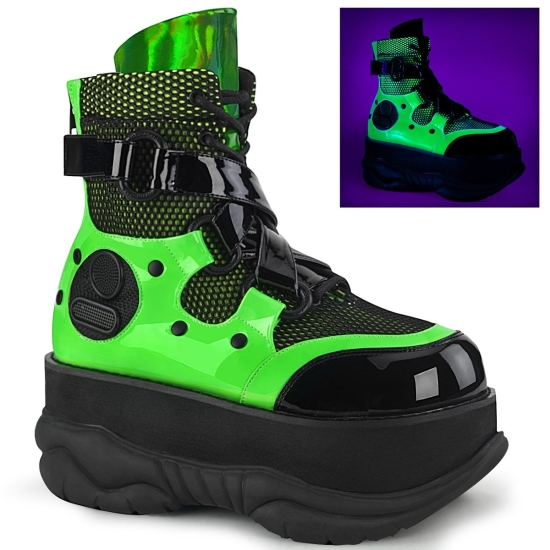 Botines Demonia Neptune-126 Platform Encaje Up Charol Hombre Negros / Verdes | YQSJB1953
