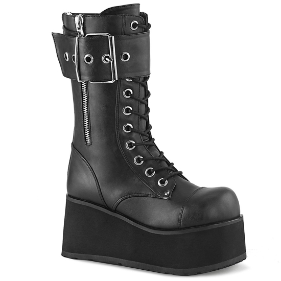 Botines Demonia Petrol-150 Platform Encaje Up Mid-Calf Cuero Vegan Hombre Negros | ZKUQM4578