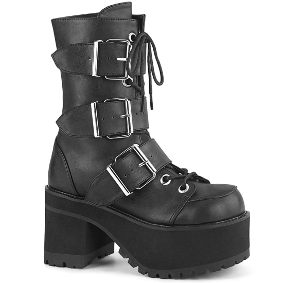 Botines Demonia Ranger-308 Platform Encaje Up Cuero Vegan Mujer Negros | JRVBH8217