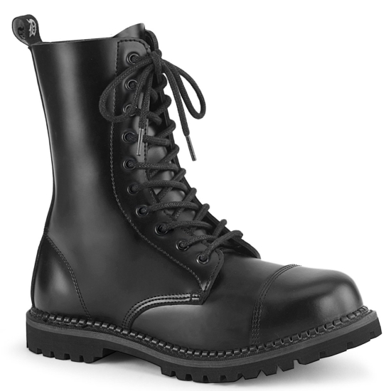 Botines Demonia Riot-10 Encaje Up Cuero Hombre Negros | LJIOG4705