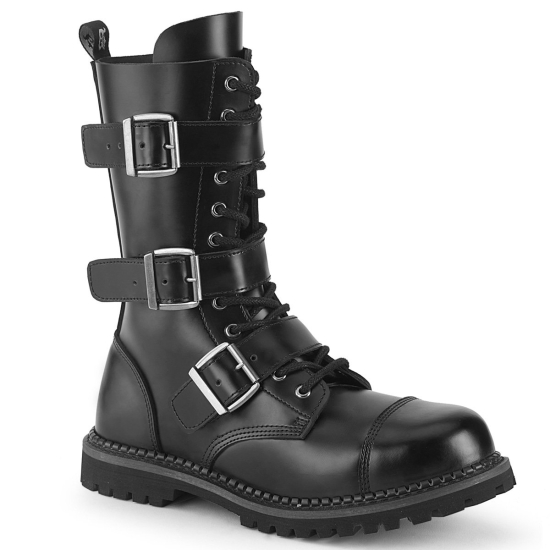Botines Demonia Riot-12BK Encaje Up Cuero Hombre Negros | MEOZH4610