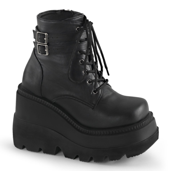 Botines Demonia Shaker-52 Encaje Up Wedge Platform Cuero Vegan Mujer Negros | BQNWP5860