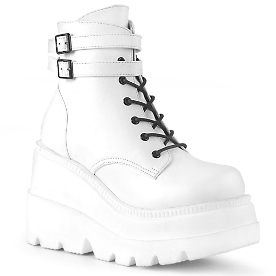 Botines Demonia Shaker-52 Wedge Platform Encaje Up Cuero Vegan Mujer Blancos | BANKW1920